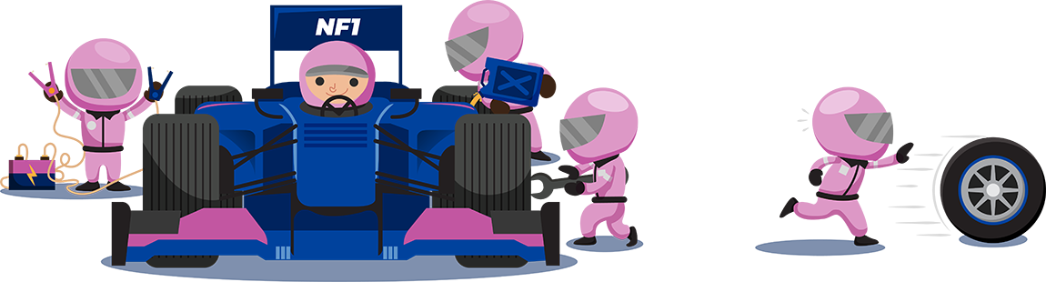 dibujo animado ganemos nf1 el cual consiste en un grupo de corredores trabajando en equipo para cambiar las llantas de un auto